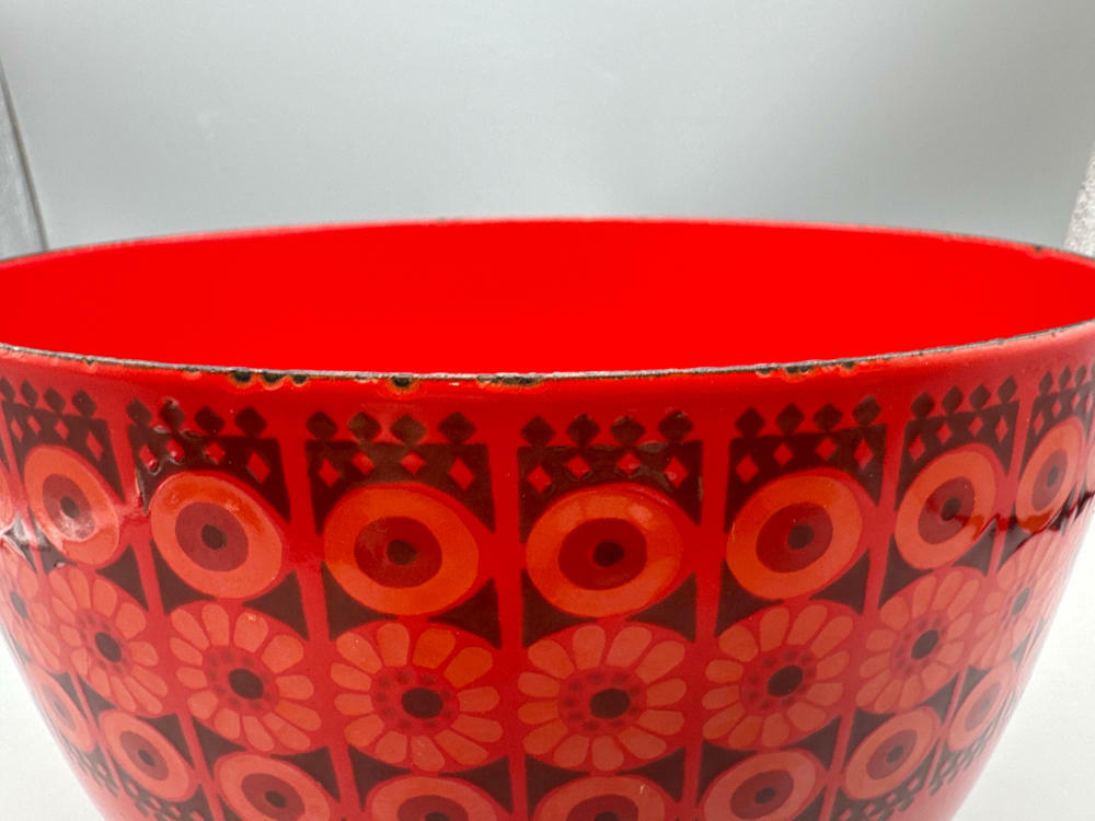 RARE!!! Finel "Arabia" Enamel Bowl Wartsila Finland MCM Red/Orange Daisy Flowers - Good