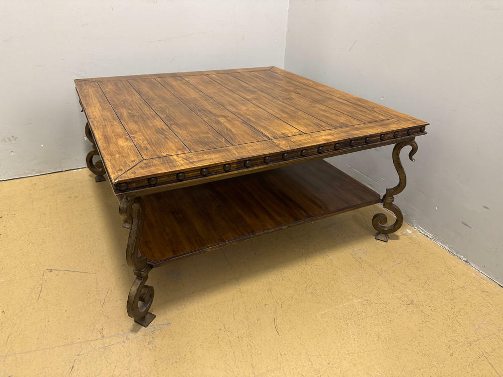 Beautiful Rustic Style Square Wooden and Metal Coffee Table with Lower Shelf - Good