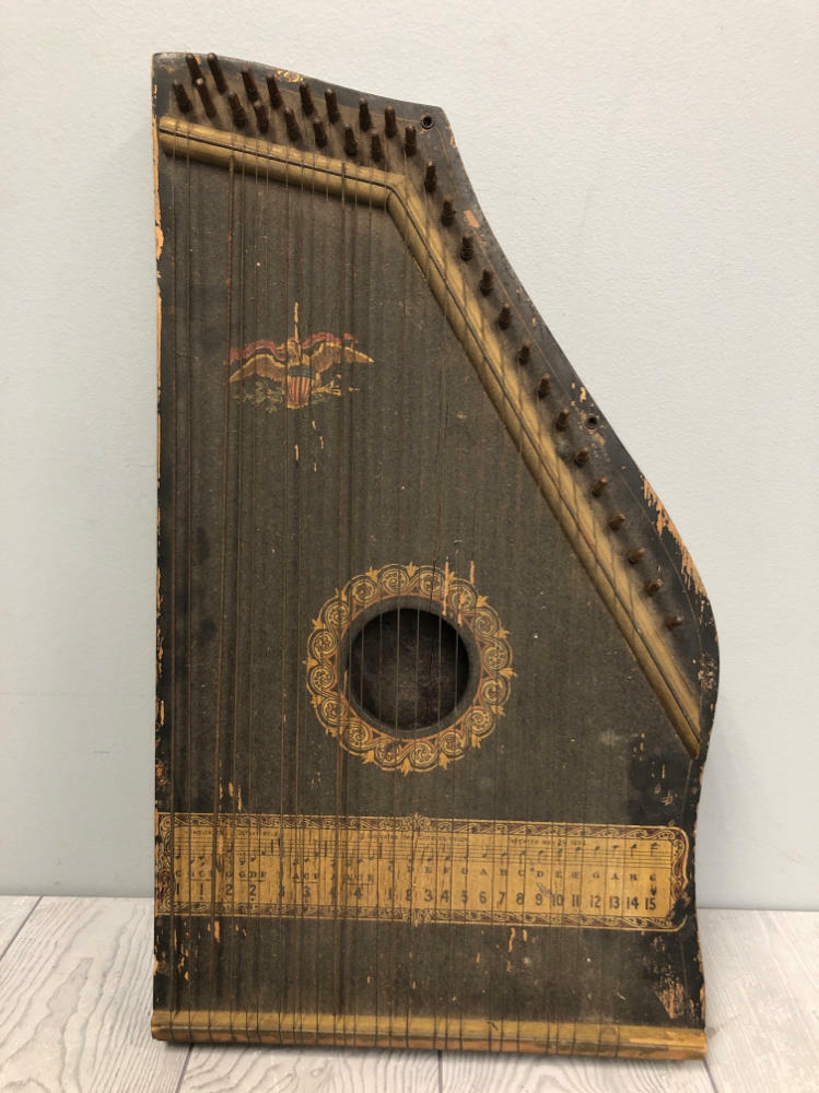 OLD VINTAGE WOOD-WOODEN LAP HARP MUSIC LAP INSTRUMENT - Bird Engraving - Acceptable