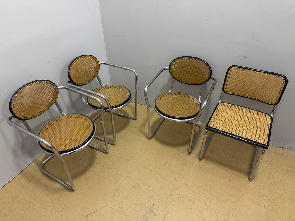 Set of 4 mid-century Italian tubular & caning chairs, 1970s - Dining Room Chairs - Good