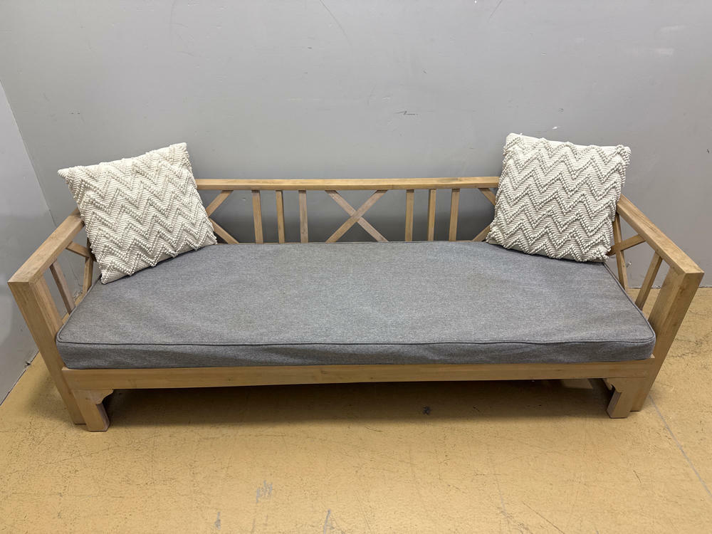Noble House Reyes Teak Wood Outdoor Patio Day Bed with Grey Cushions and Pillows - Good