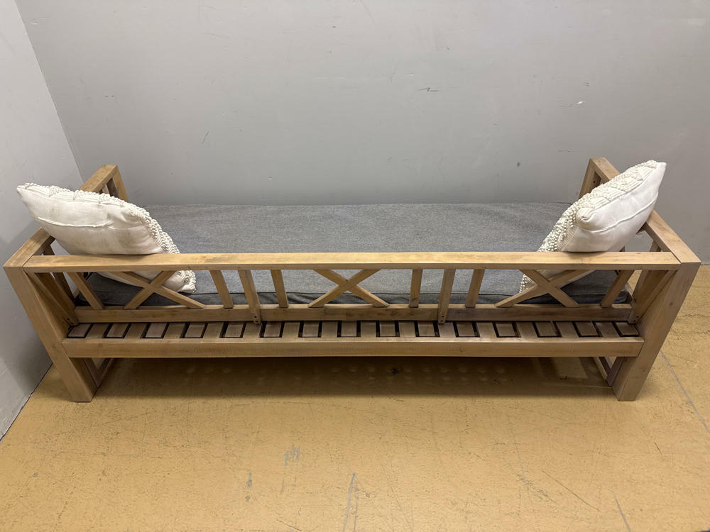 Noble House Reyes Teak Wood Outdoor Patio Day Bed with Grey Cushions and Pillows - Good