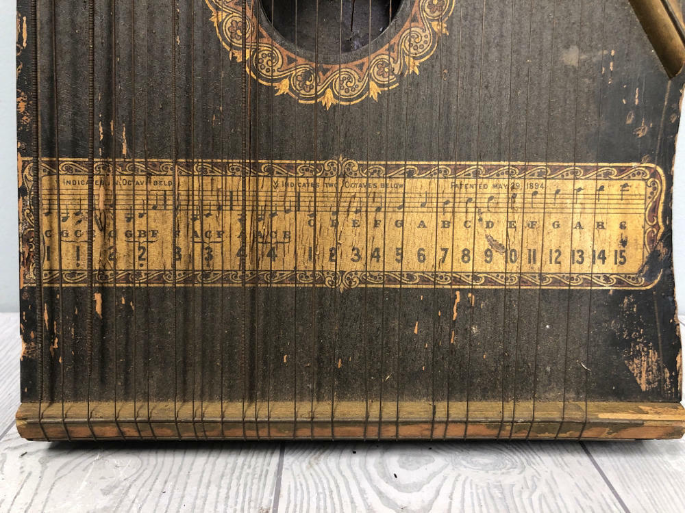 OLD VINTAGE WOOD-WOODEN LAP HARP MUSIC LAP INSTRUMENT - Bird Engraving - Acceptable