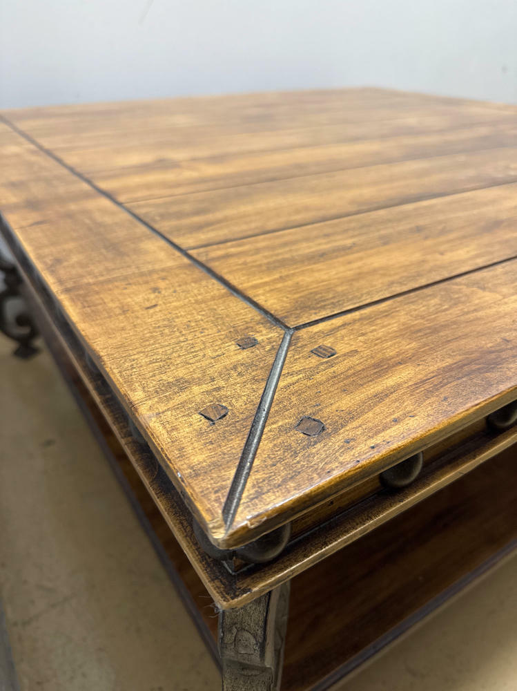 Beautiful Rustic Style Square Wooden and Metal Coffee Table with Lower Shelf - Good