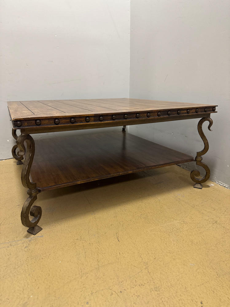 Beautiful Rustic Style Square Wooden and Metal Coffee Table with Lower Shelf - Good