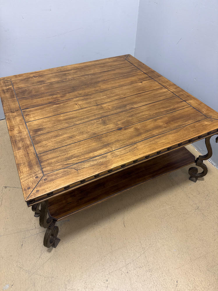 Beautiful Rustic Style Square Wooden and Metal Coffee Table with Lower Shelf - Good