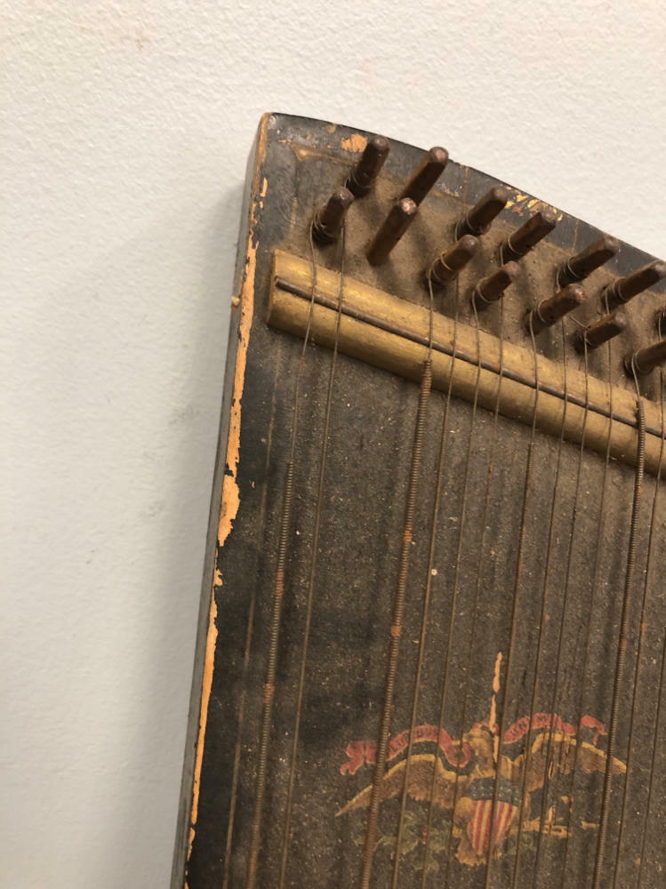 OLD VINTAGE WOOD-WOODEN LAP HARP MUSIC LAP INSTRUMENT - Bird Engraving - Acceptable