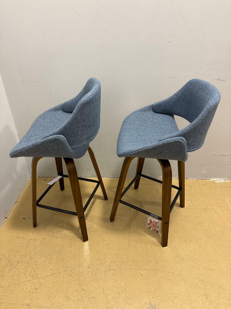 Pair of Fabrico 26in Blue Noise Fabric & Walnut Wood Fixed-Height Counter Stool - Very Good