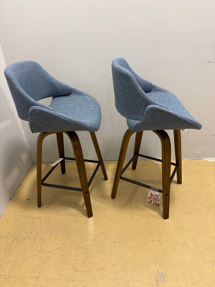 Pair of Fabrico 26in Blue Noise Fabric & Walnut Wood Fixed-Height Counter Stool - Very Good