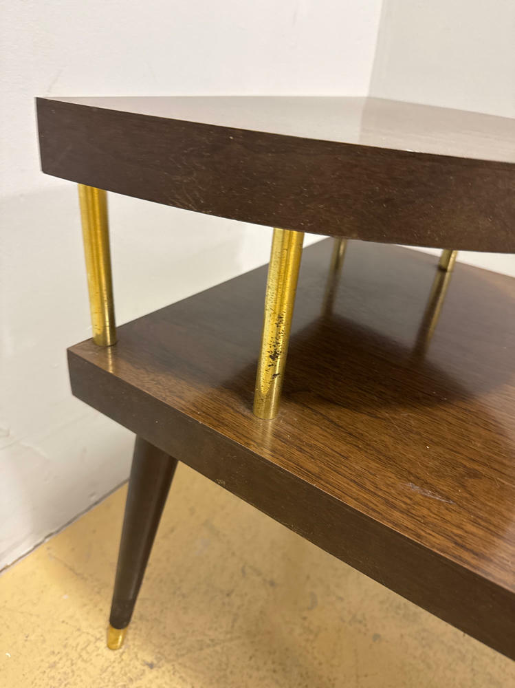 Pair of Dark Wooden MCM Side Tables - Gold Accents - Home Furniture & Accents - Good