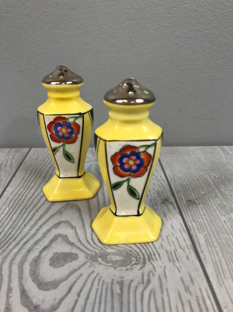 Antique Yellow Floral Art Decco Silver Top Salt & Pepper Shakers Japan Porcelain - Very Good