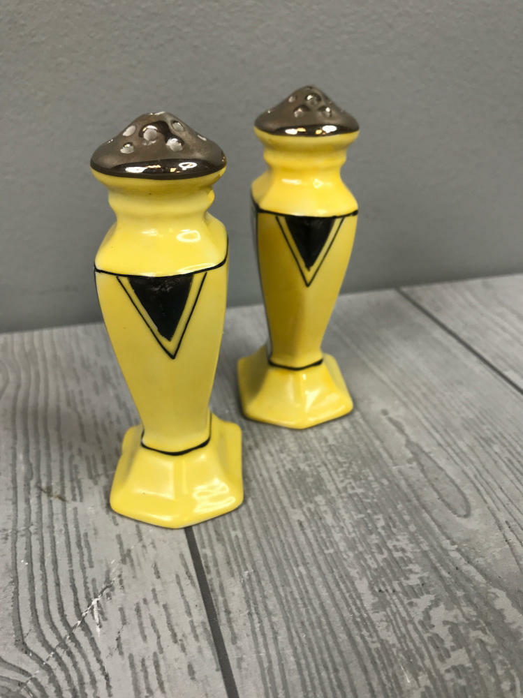 Antique Yellow Floral Art Decco Silver Top Salt & Pepper Shakers Japan Porcelain - Very Good