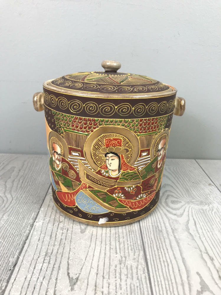 Antique Japanese Pottery Container - Rustic Chinoiserie Folk Hand Painted Jar - Very Good