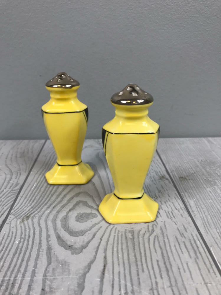Antique Yellow Floral Art Decco Silver Top Salt & Pepper Shakers Japan Porcelain - Very Good