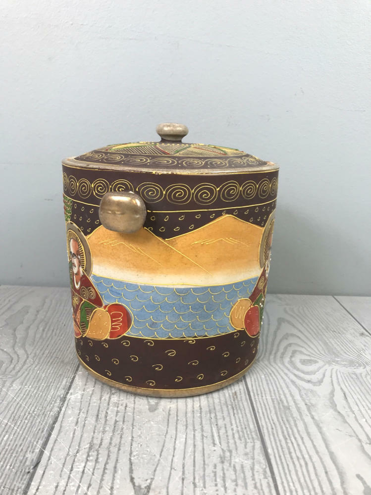 Antique Japanese Pottery Container - Rustic Chinoiserie Folk Hand Painted Jar - Very Good
