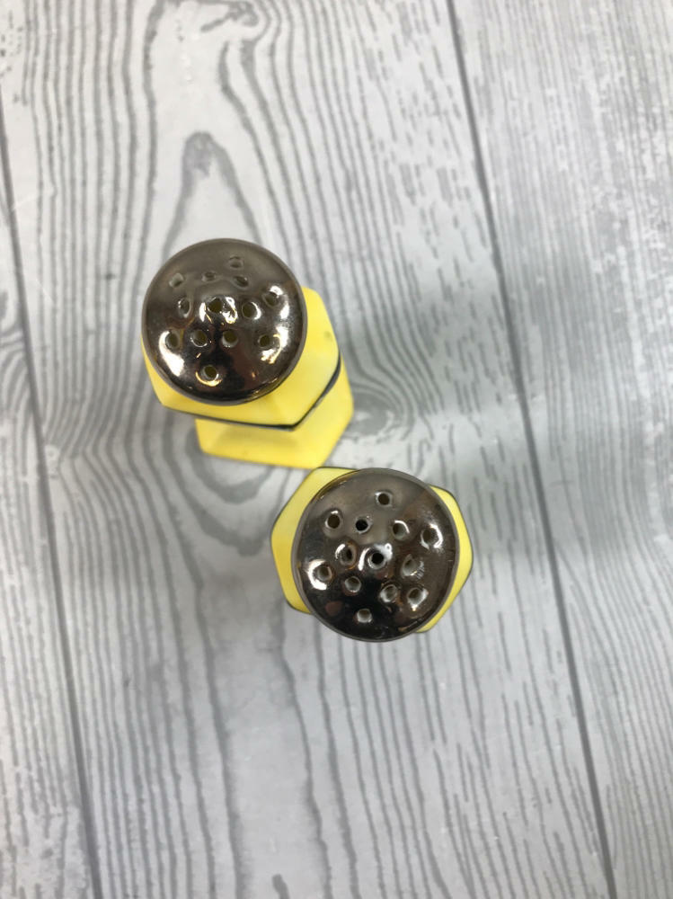 Antique Yellow Floral Art Decco Silver Top Salt & Pepper Shakers Japan Porcelain - Very Good