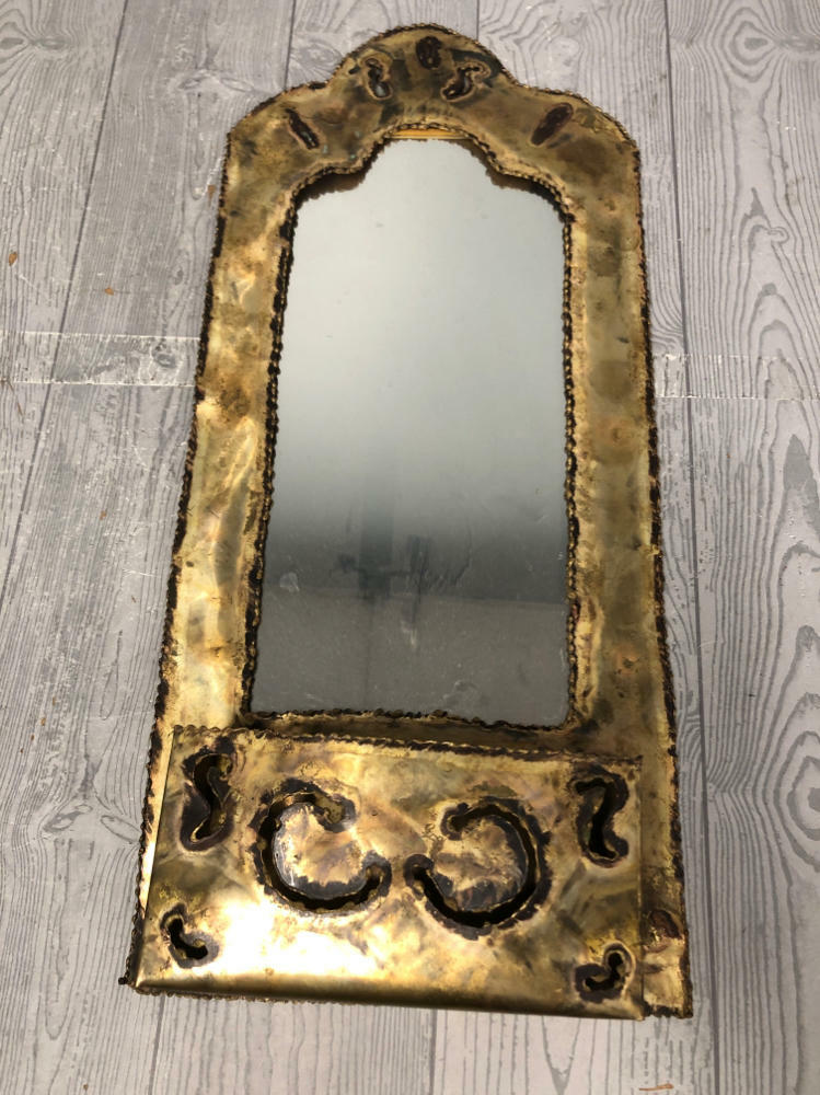Vintage Mirror Hammered Brass Metal Frame Distressed Finish Decorative Cutouts - Good