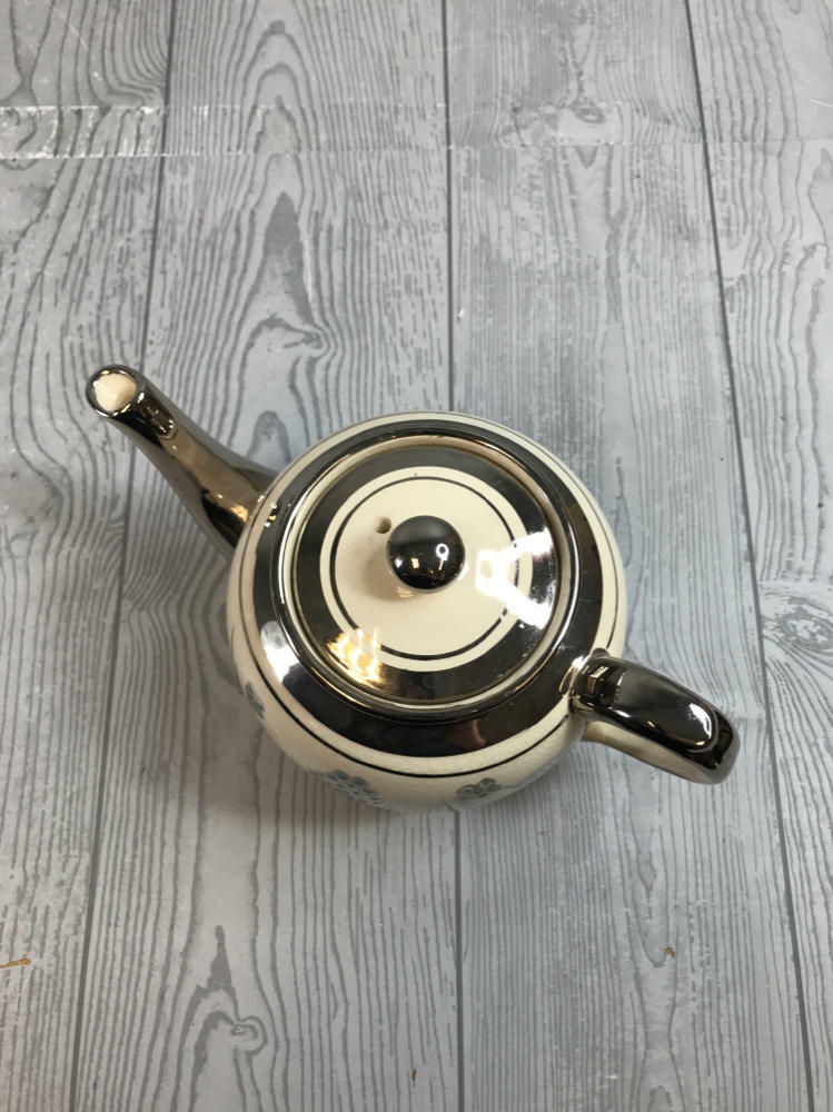 Burslem Price Bros. England Silver, White, and Blue Teapot - Made in England - Good