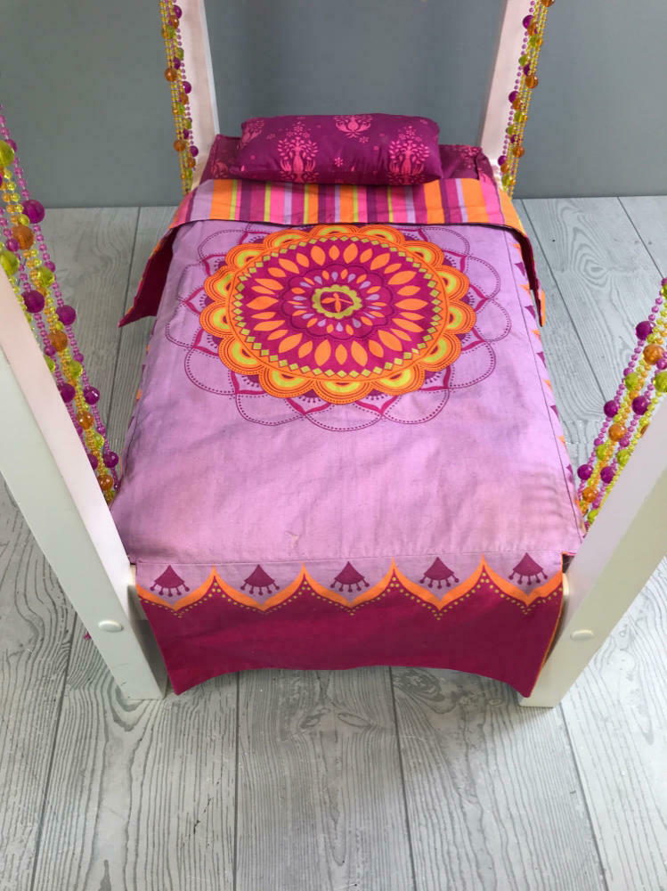 American Girl Doll Julie Canopy Bed Retired Set - Pink, Orange, and White Bed - Very Good