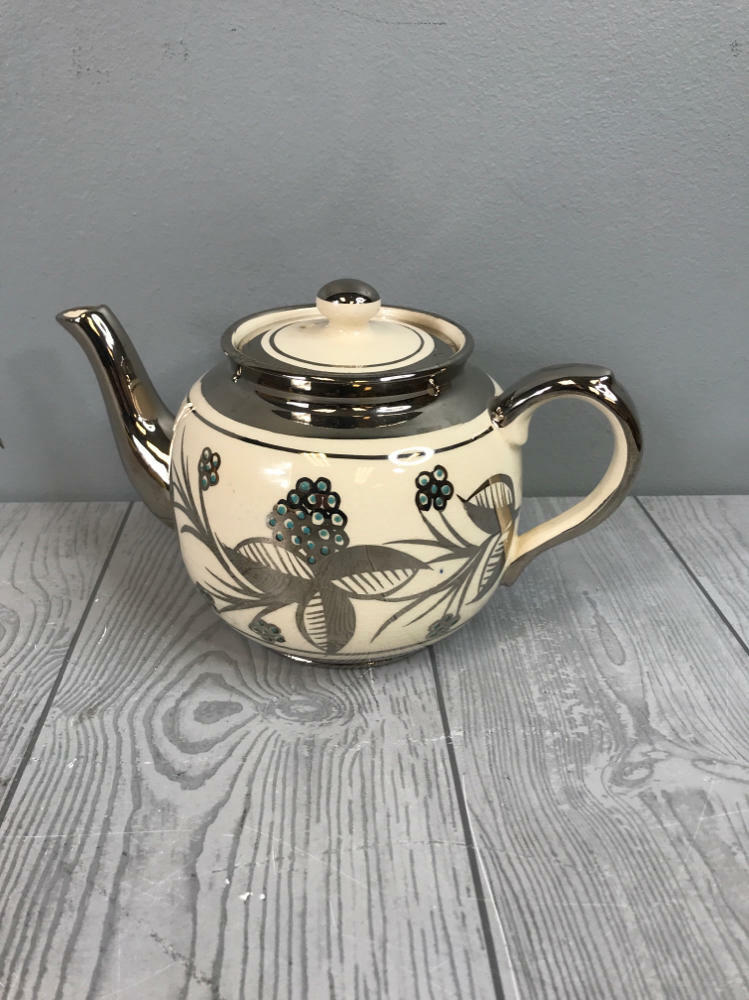Burslem Price Bros. England Silver, White, and Blue Teapot - Made in England - Good