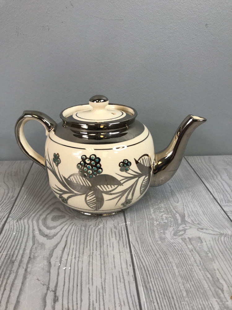 Burslem Price Bros. England Silver, White, and Blue Teapot - Made in England - Good