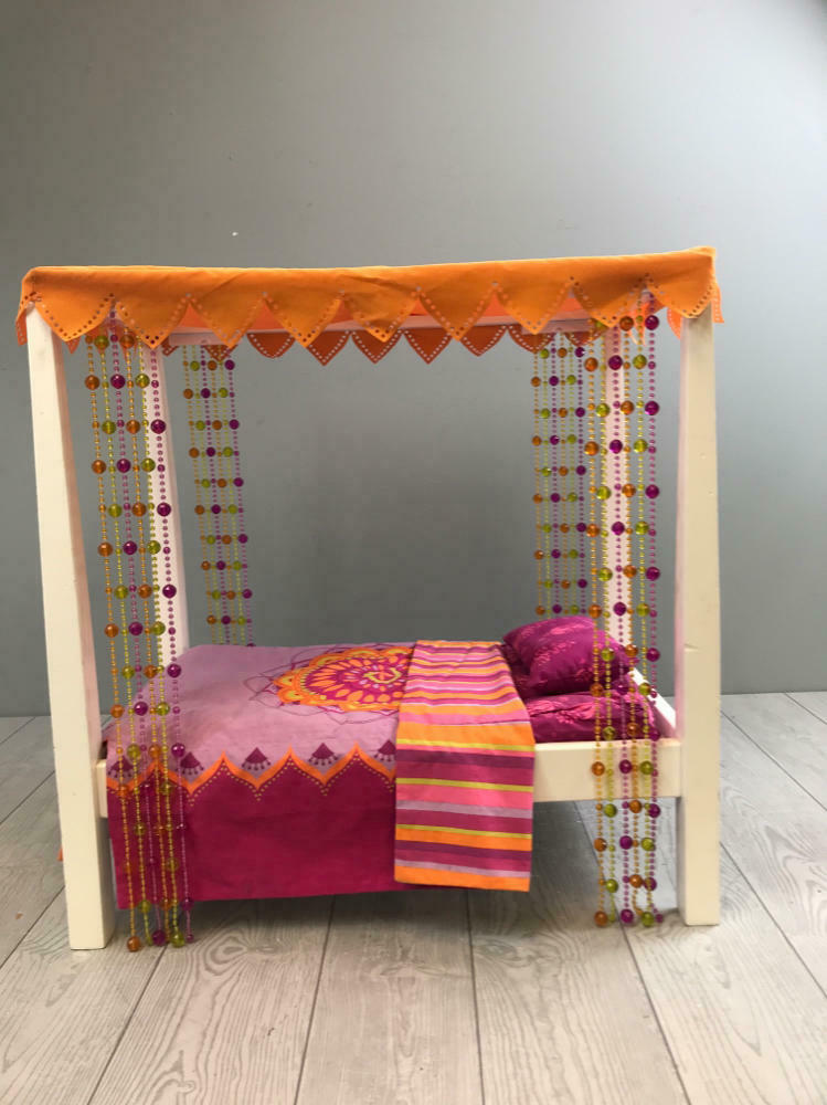 American Girl Doll Julie Canopy Bed Retired Set - Pink, Orange, and White Bed - Very Good