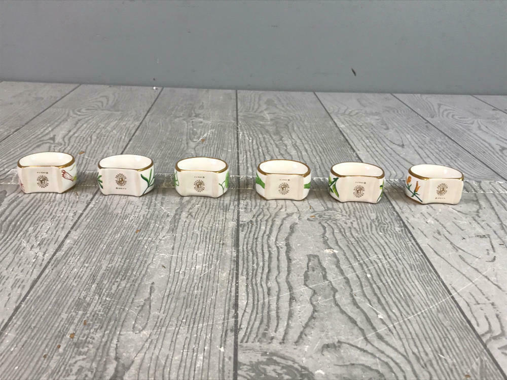 6 Piece Franklin Porcelain 1978 BOTANIC GARDEN NAPKIN RINGS - Stamped Franklin - Very Good