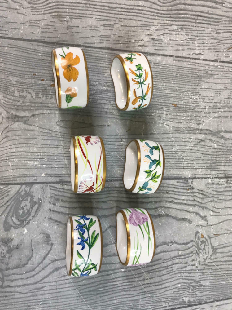 6 Piece Franklin Porcelain 1978 BOTANIC GARDEN NAPKIN RINGS - Stamped Franklin - Very Good
