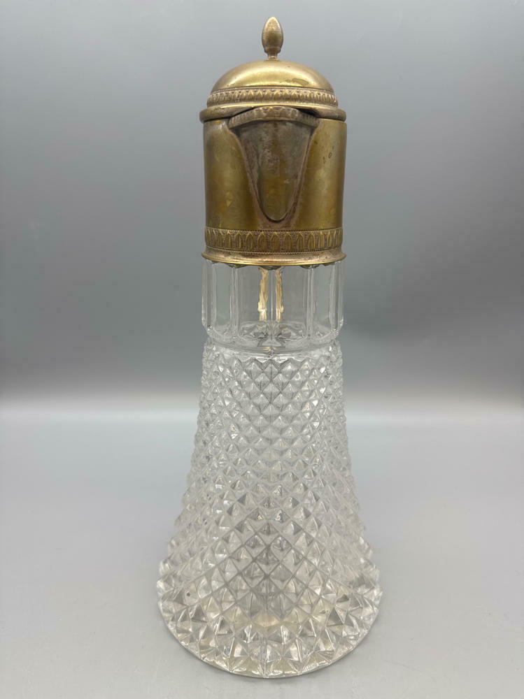 Vintage Large Diamond Point Glass Silver Plated Top Decanter Pitcher - Very Good