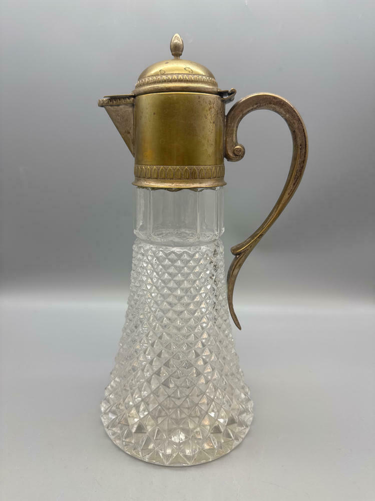 Vintage Large Diamond Point Glass Silver Plated Top Decanter Pitcher - Very Good