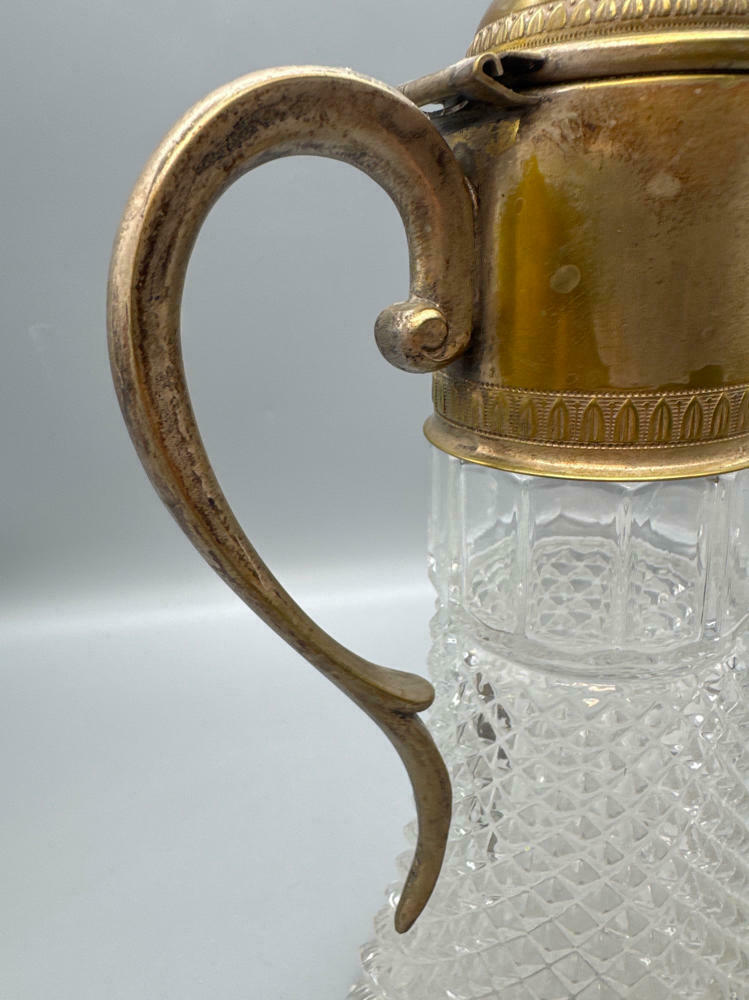Vintage Large Diamond Point Glass Silver Plated Top Decanter Pitcher - Very Good