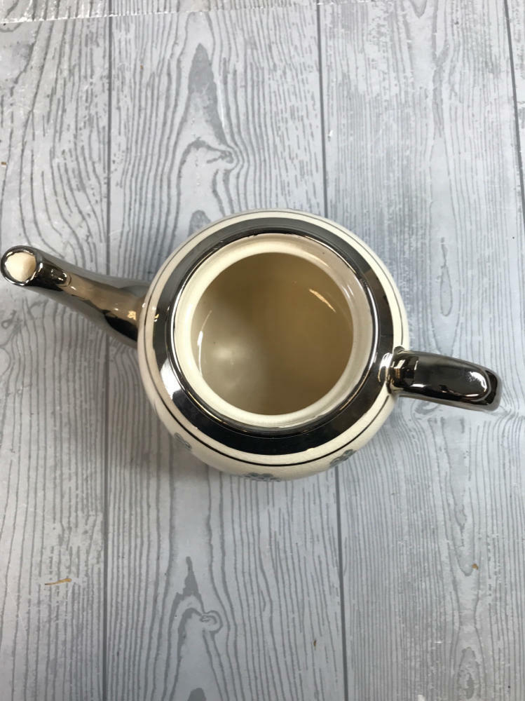 Burslem Price Bros. England Silver, White, and Blue Teapot - Made in England - Good