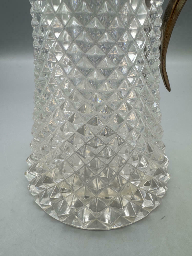 Vintage Large Diamond Point Glass Silver Plated Top Decanter Pitcher - Very Good
