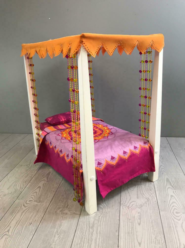 American Girl Doll Julie Canopy Bed Retired Set - Pink, Orange, and White Bed - Very Good
