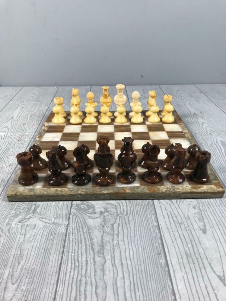 Beautiful Vintage Carved Genuine Stone Marble Chess Pieces and Board - Decor - Good
