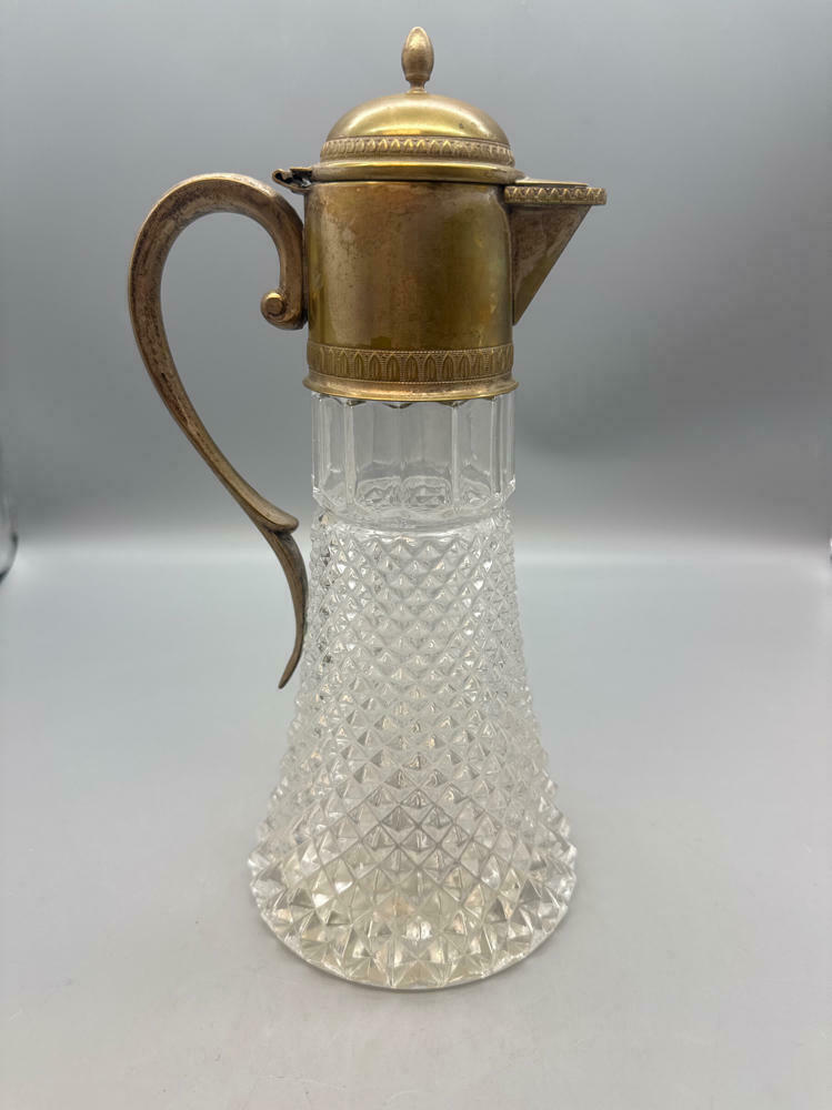 Vintage Large Diamond Point Glass Silver Plated Top Decanter Pitcher - Very Good