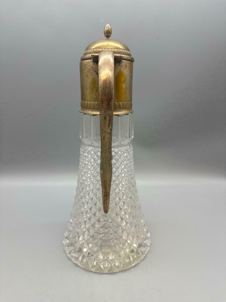 Vintage Large Diamond Point Glass Silver Plated Top Decanter Pitcher - Very Good