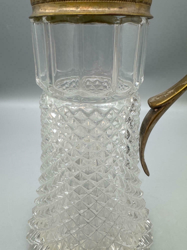 Vintage Large Diamond Point Glass Silver Plated Top Decanter Pitcher - Very Good