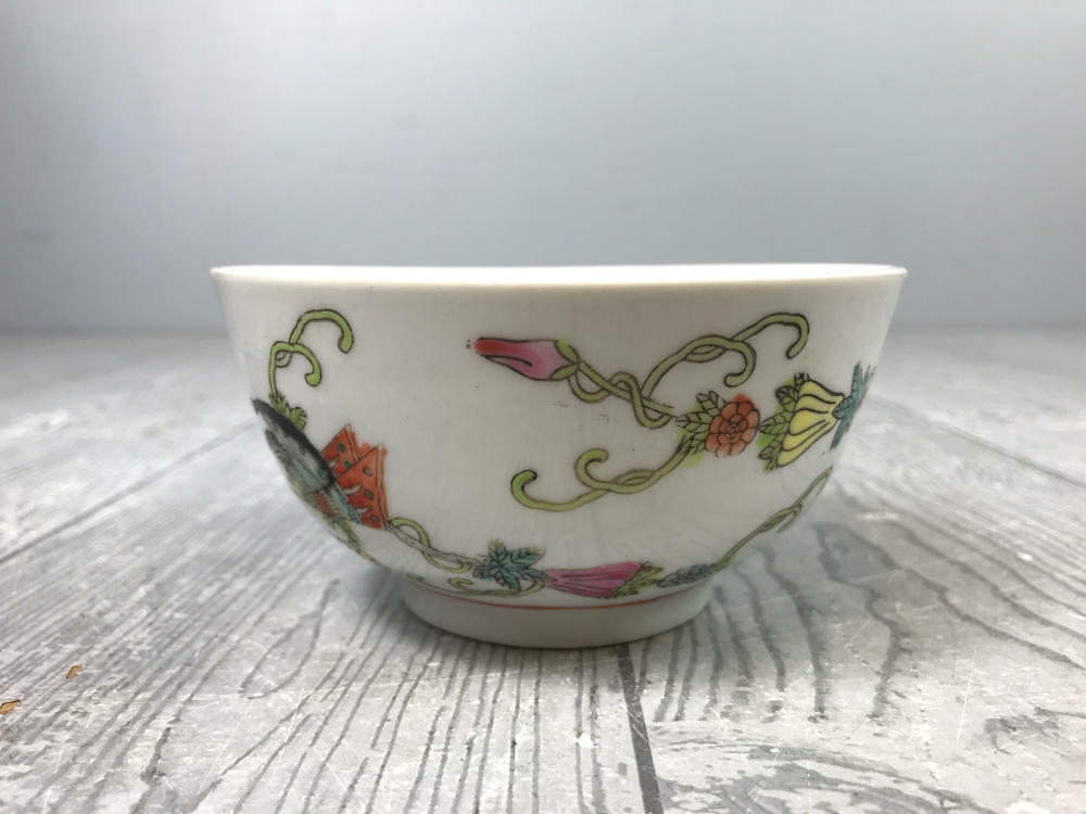 Set/3 Vintage Chinese Porcelain Rice Bowls Hand Painted Butterfly Squash Blossom - Good