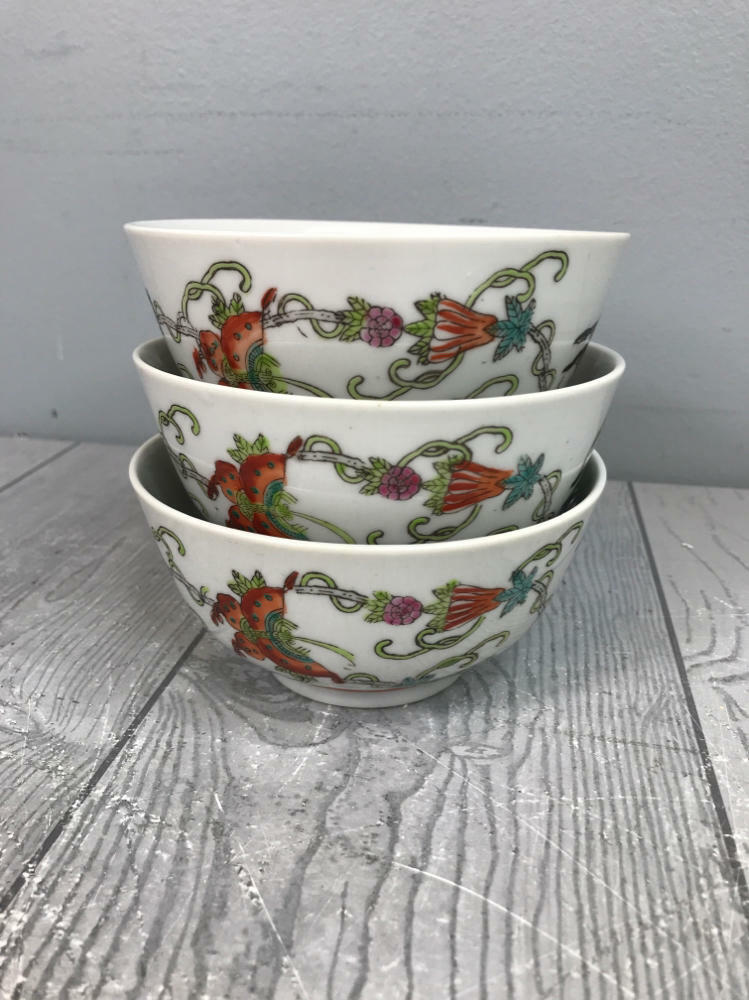 Set/3 Vintage Chinese Porcelain Rice Bowls Hand Painted Butterfly Squash Blossom - Good