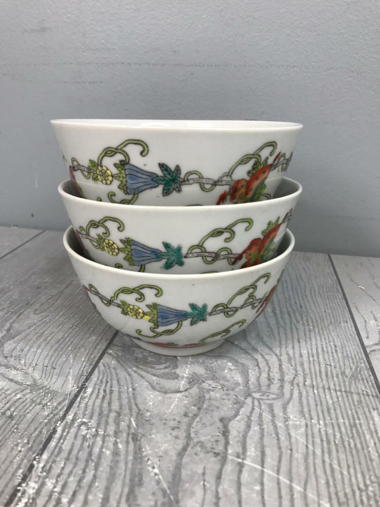 Set/3 Vintage Chinese Porcelain Rice Bowls Hand Painted Butterfly Squash Blossom - Good