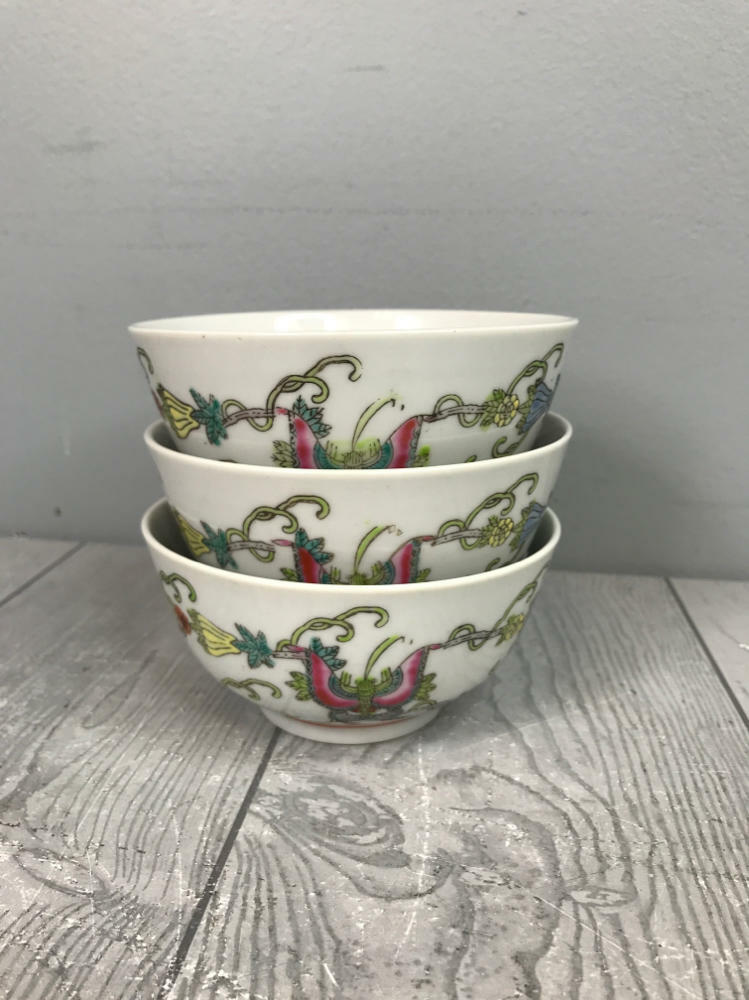 Set/3 Vintage Chinese Porcelain Rice Bowls Hand Painted Butterfly Squash Blossom - Good