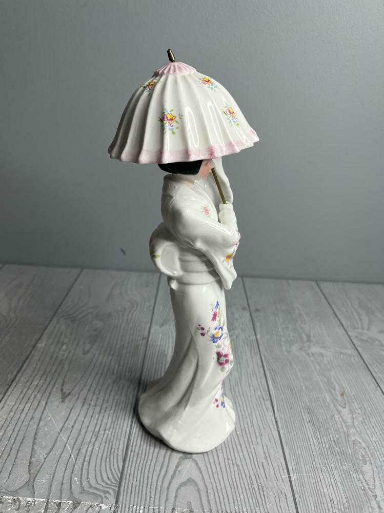 Vintage Geisha Porcelain Figurine Holding Parasol Hand-painted Asian Collectible - Good