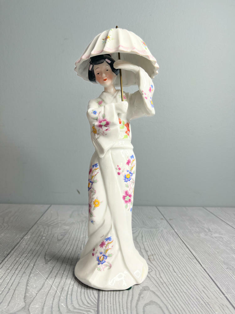 Vintage Geisha Porcelain Figurine Holding Parasol Hand-painted Asian Collectible - Good