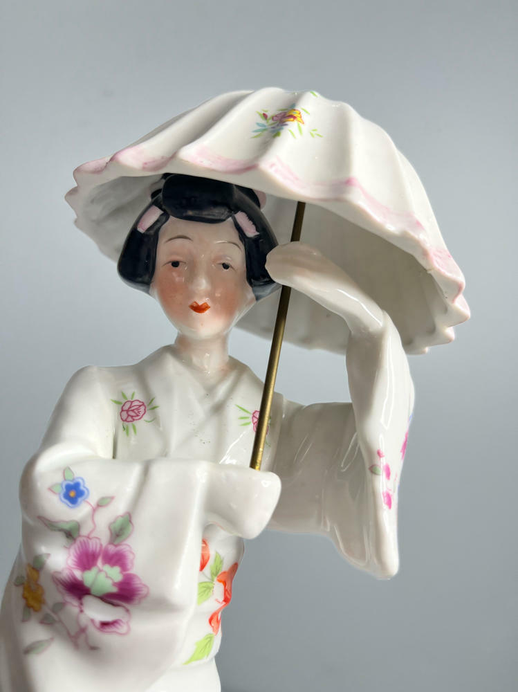 Vintage Geisha Porcelain Figurine Holding Parasol Hand-painted Asian Collectible - Good