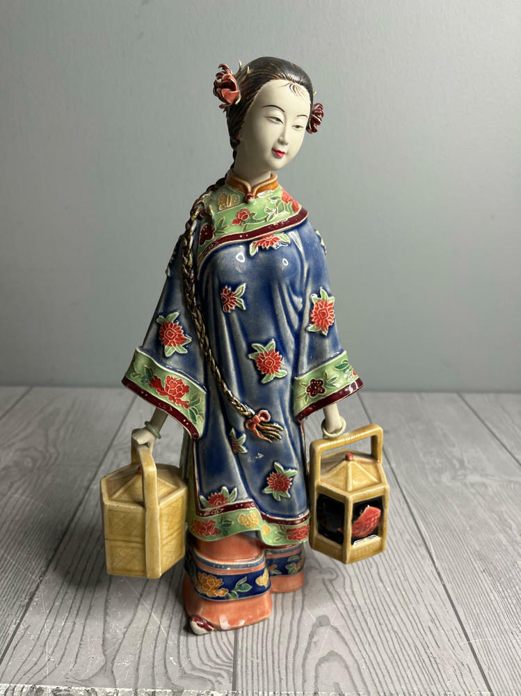 Vintage Woman Holding Baskets Wucai Porcelain Figurine Asian Collectible - Good