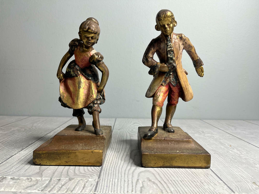 Vintage Dancing Couple Bookends Signed by Byron Bristol Armor Bronze Polychrome - Good