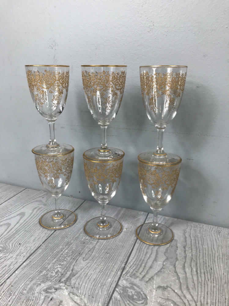 Set of 6 Elegant Gold Floral Wine Glasses - Rope and Vines Designs - Kitchen - Good