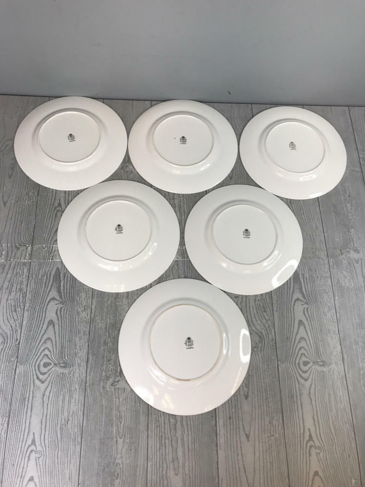 Royal Worcester "Miranda" Dinner Floral Print Plates - Set of 6 - Gold Rim - Very Good