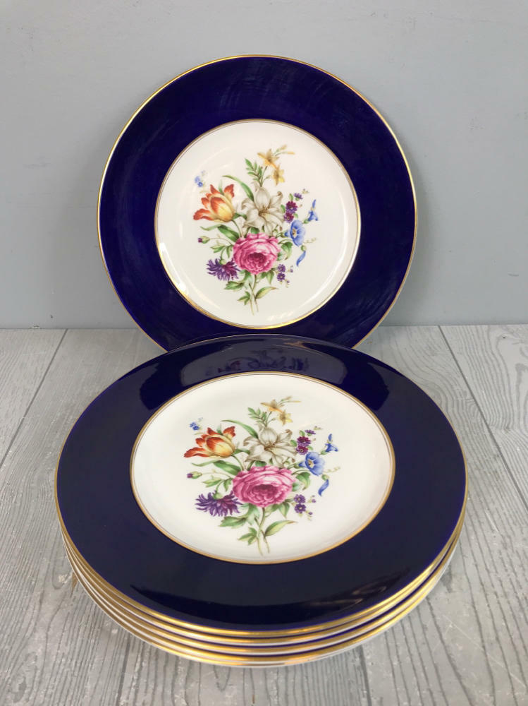 Royal Worcester "Miranda" Dinner Floral Print Plates - Set of 6 - Gold Rim - Very Good